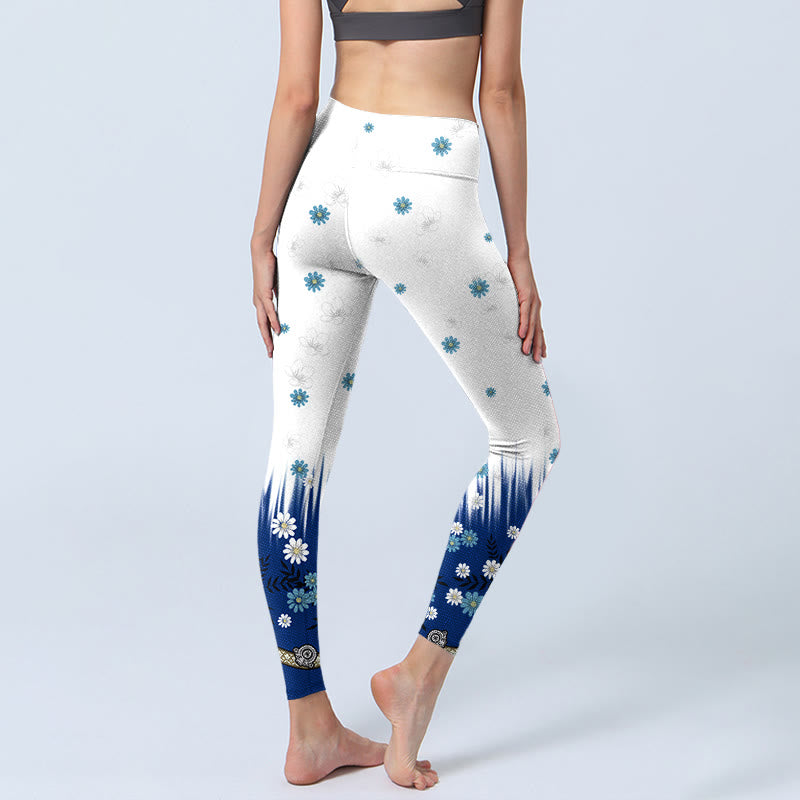 Leggings de sport imprimés Buddha Stones , fleurs blanches, feuilles d'herbe, pantalons de yoga pour femmes - image 4