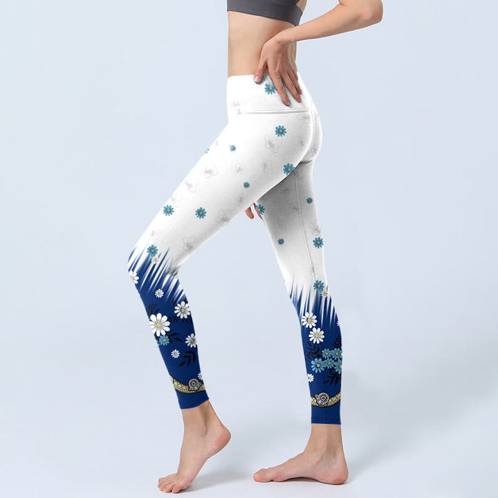 Leggings de sport imprimés Buddha Stones , fleurs blanches, feuilles d'herbe, pantalons de yoga pour femmes - image 3