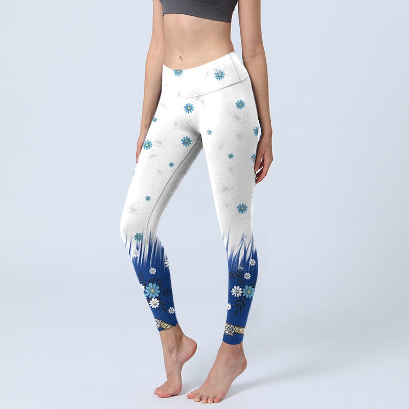 Leggings de sport imprimés Buddha Stones , fleurs blanches, feuilles d'herbe, pantalons de yoga pour femmes - Neige - US18，UK/AU22，EU50 (4XL) - image 1