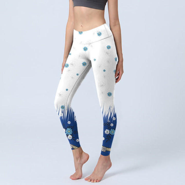 Leggings de sport imprimés Buddha Stones , fleurs blanches, feuilles d'herbe, pantalons de yoga pour femmes - Neige - US18，UK/AU22，EU50 (4XL) - image 1