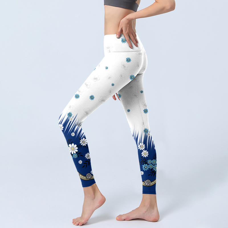 Leggings de sport imprimés Buddha Stones , fleurs blanches, feuilles d'herbe, pantalons de yoga pour femmes - image 2