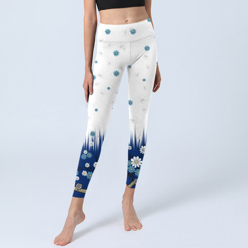 Leggings de sport imprimés Buddha Stones , fleurs blanches, feuilles d'herbe, pantalons de yoga pour femmes - image 6