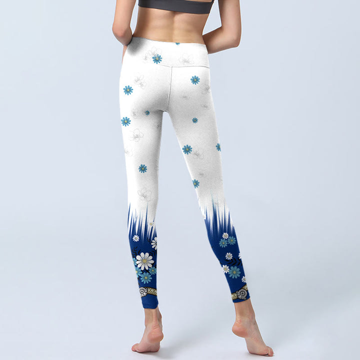 Leggings de sport imprimés Buddha Stones , fleurs blanches, feuilles d'herbe, pantalons de yoga pour femmes - image 6