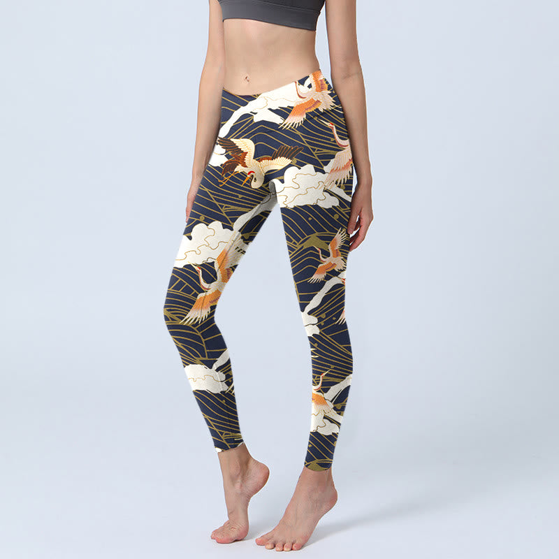Leggings de sport imprimés Buddha Stones, grues à couronne rouge, nuages, vagues de la mer, pantalons de yoga pour femmes - Noir - US18，UK/AU22，EU50 (4XL) - image 1