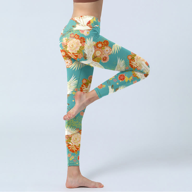 Leggings de sport imprimés Buddha Stones, grues à couronne rouge, fleurs de pivoine et papillons, pantalons de yoga pour femmes - image 4