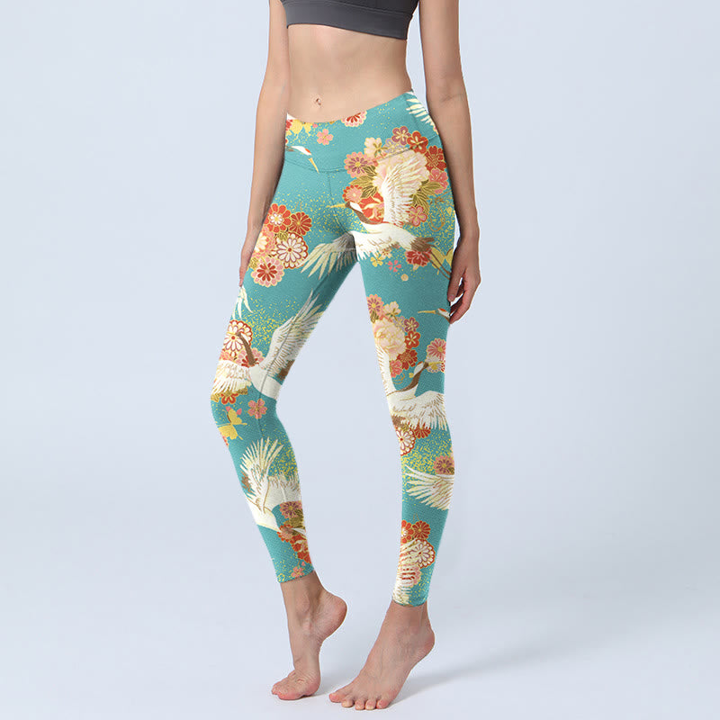 Leggings de sport imprimés Buddha Stones, grues à couronne rouge, fleurs de pivoine et papillons, pantalons de yoga pour femmes - Turquoise moyen - US18，UK/AU22，EU50 (4XL) - image 1