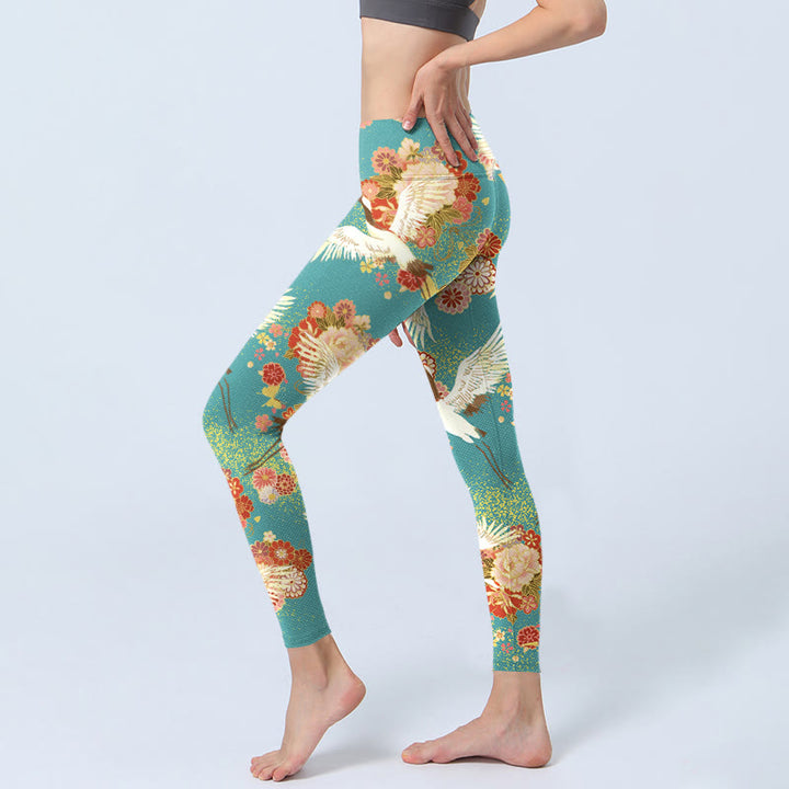 Leggings de sport imprimés Buddha Stones, grues à couronne rouge, fleurs de pivoine et papillons, pantalons de yoga pour femmes - image 3