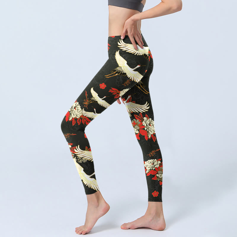 Leggings de sport imprimés Buddha Stones, grues à couronne rouge, fleurs de pivoine, pantalons de yoga pour femmes - image 3
