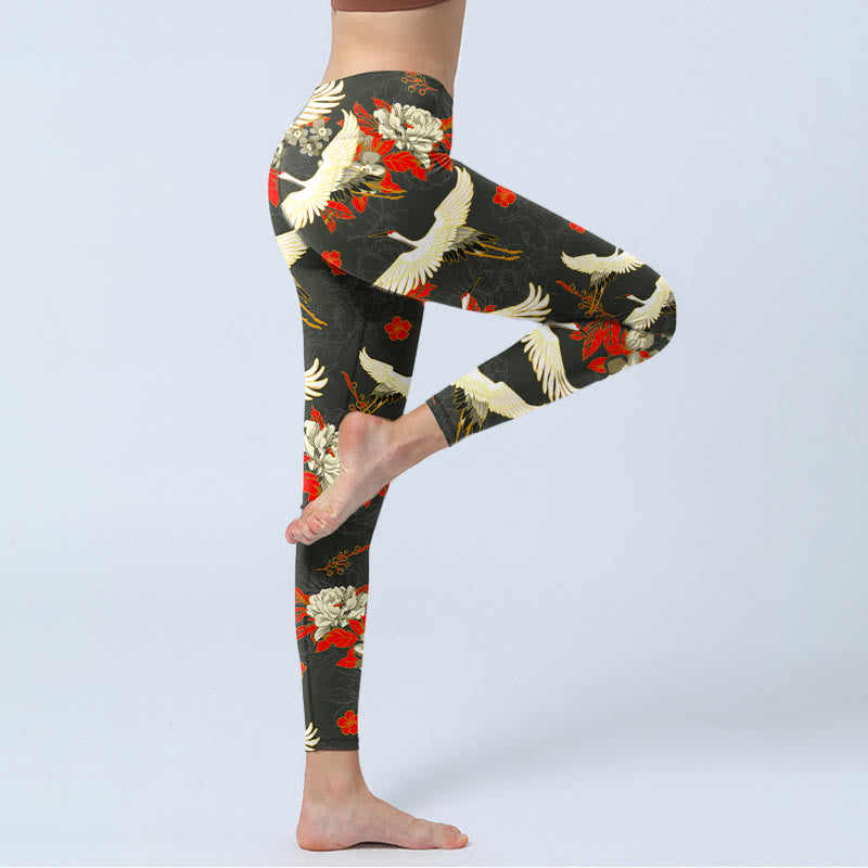 Leggings de sport imprimés Buddha Stones, grues à couronne rouge, fleurs de pivoine, pantalons de yoga pour femmes - image 4