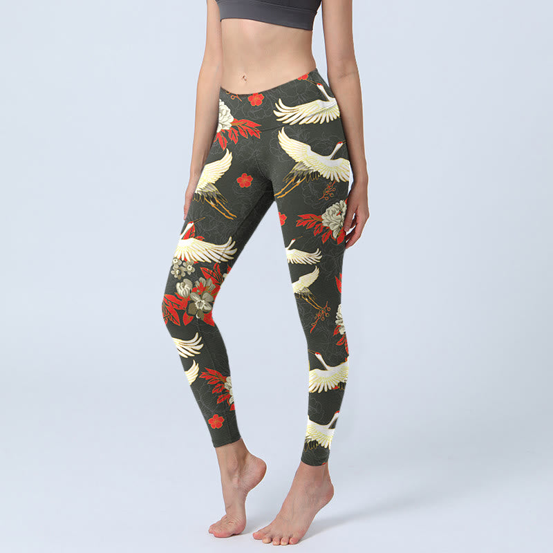 Leggings de sport imprimés Buddha Stones, grues à couronne rouge, fleurs de pivoine, pantalons de yoga pour femmes - Gris sombre - US18，UK/AU22，EU50 (4XL) - image 0