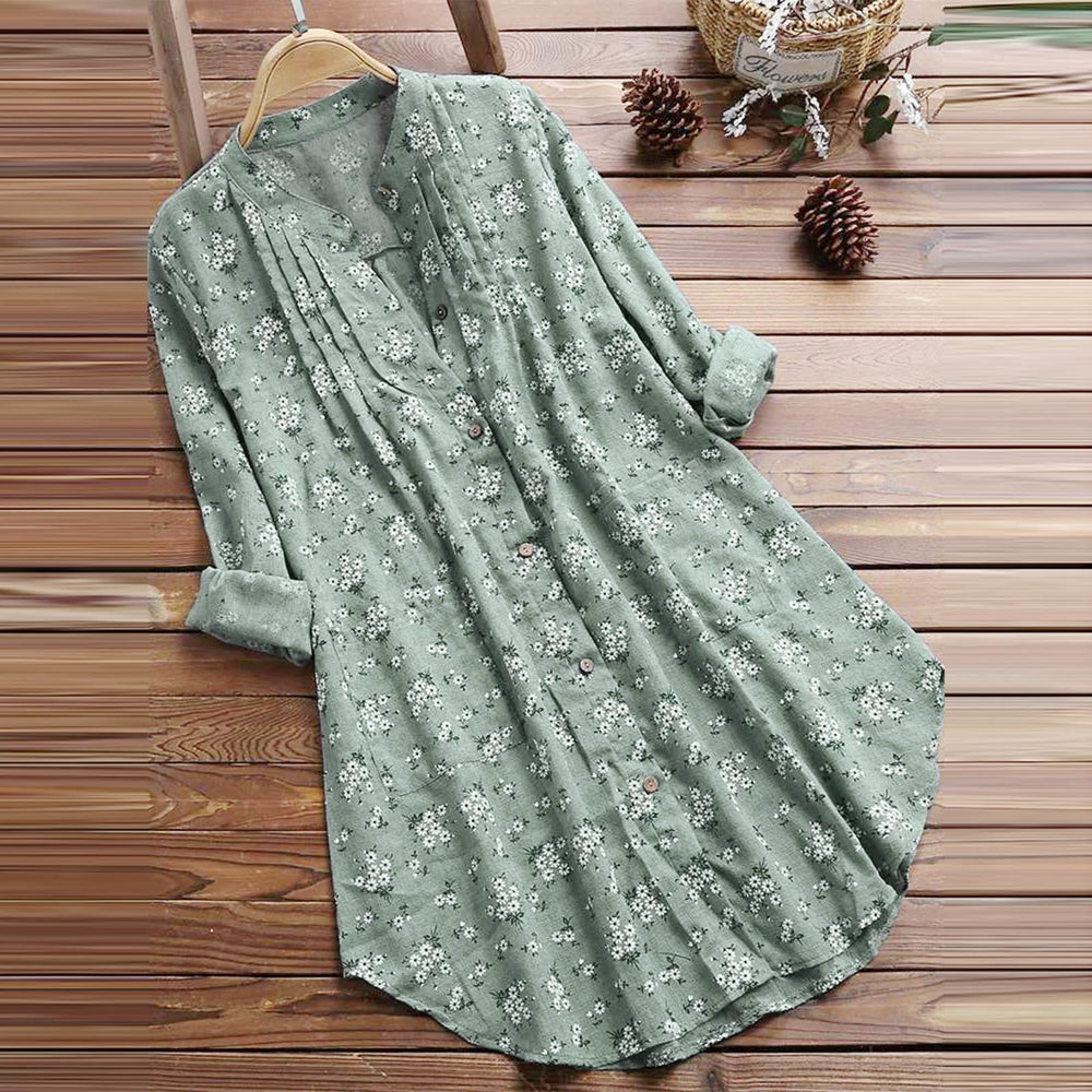 Chemise femme en coton à manches longues et boutons floraux avec Buddha Stones - Vert clair - US8-10，UK/AU12-14，EU40-42 (2XL) - image 1
