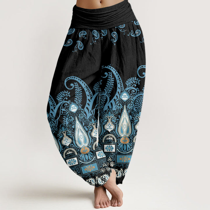 Pantalon sarouel à taille élastique pour femme avec motif floral cachemire Buddha Stones - Noir - US22，UK/AU26，EU54 (6XL) - image 1