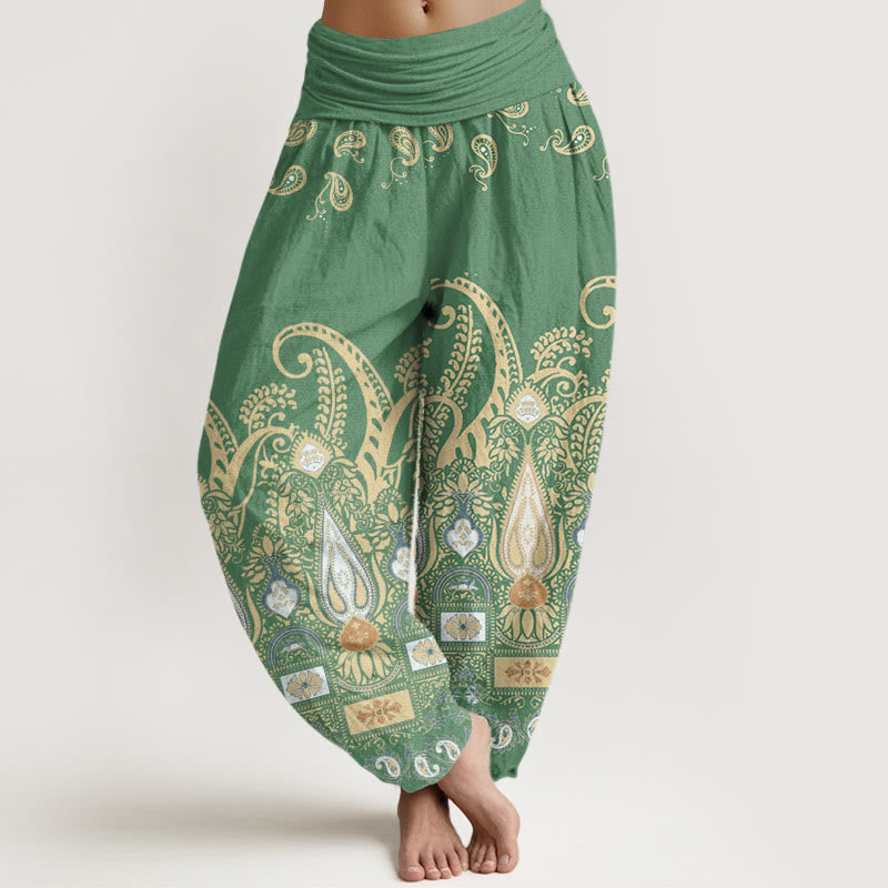 Pantalon sarouel à taille élastique pour femme avec motif floral cachemire Buddha Stones - Vert de mer moyen - US22，UK/AU26，EU54 (6XL) - image 5
