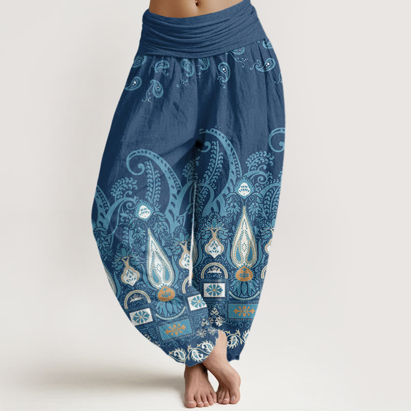 Pantalon sarouel à taille élastique pour femme avec motif floral cachemire Buddha Stones - Bleu foncé - US22，UK/AU26，EU54 (6XL) - image 8