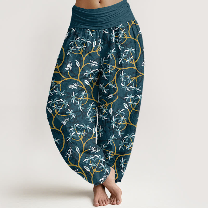 Pantalon sarouel à taille élastique pour femme, motif Buddha Stones, branches dorées, feuilles et fleurs - Sarcelle - US22，UK/AU26，EU54 (6XL) - image 1