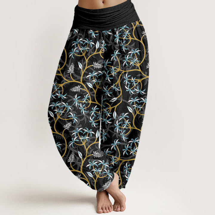 Pantalon sarouel à taille élastique pour femme, motif Buddha Stones, branches dorées, feuilles et fleurs - Noir - US22，UK/AU26，EU54 (6XL) - image 8