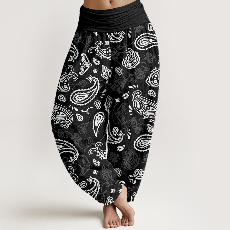Pantalon sarouel décontracté à taille élastique et motif cachemire blanc Buddha Stones pour femme - Noir - US22，UK/AU26，EU54 (6XL) - image 1