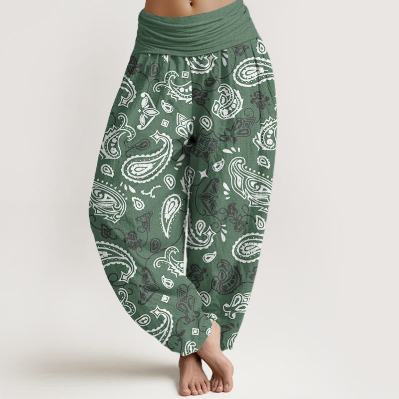 Pantalon sarouel décontracté à taille élastique et motif cachemire blanc Buddha Stones pour femme - Vert de mer moyen - US22，UK/AU26，EU54 (6XL) - image 5