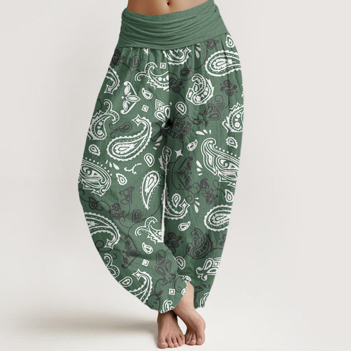 Pantalon sarouel décontracté à taille élastique et motif cachemire blanc Buddha Stones pour femme - Vert de mer moyen - US22，UK/AU26，EU54 (6XL) - image 5