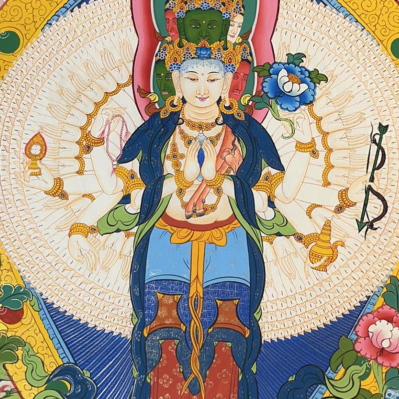 Buddha Stones Thangka Peinture Jaune Dieu de la Richesse Vert Tara Avalokitesvara Décoration Faite à la Main Boîte Aveugle (Style Aléatoire)