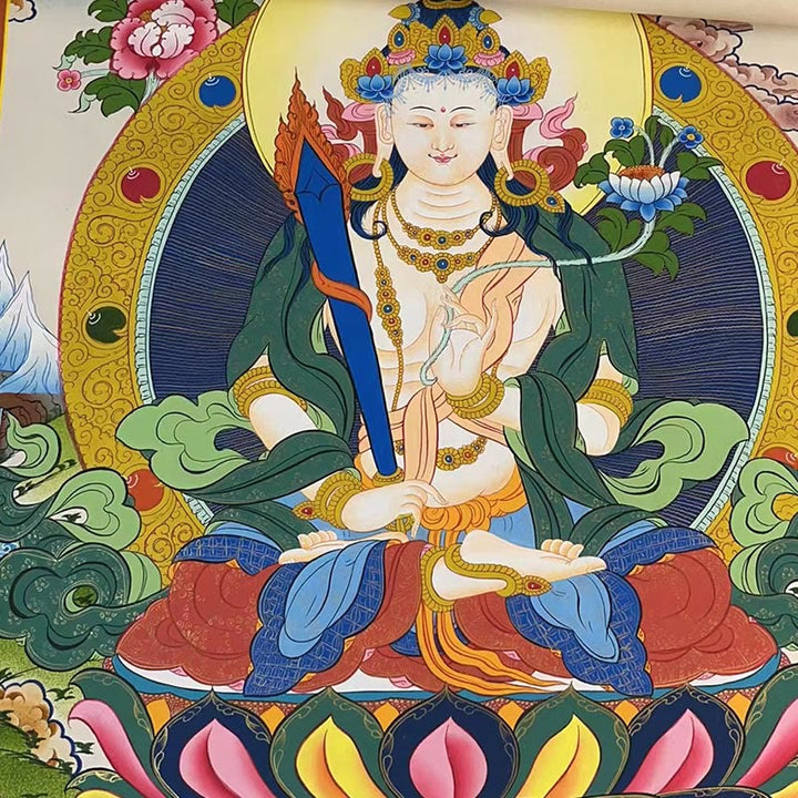 Buddha Stones Thangka Peinture Jaune Dieu de la Richesse Vert Tara Avalokitesvara Décoration Faite à la Main Boîte Aveugle (Style Aléatoire)