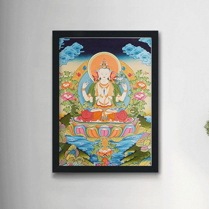 Buddha Stones Thangka Peinture Jaune Dieu de la Richesse Vert Tara Avalokitesvara Décoration Faite à la Main Boîte Aveugle (Style Aléatoire) - image 15