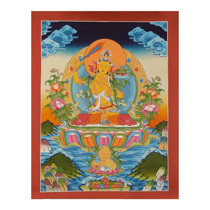 Buddha Stones Thangka Peinture Jaune Dieu de la Richesse Vert Tara Avalokitesvara Décoration Faite à la Main Boîte Aveugle (Style Aléatoire)