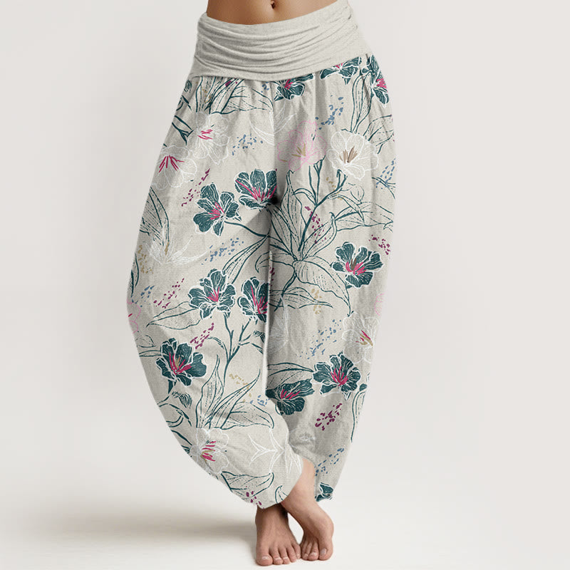 Pantalon sarouel décontracté à taille élastique pour femme, motif fleurs tropicales et feuillage, motif Buddha Stones - Fumée blanche - US22，UK/AU26，EU54 (6XL) - image 5