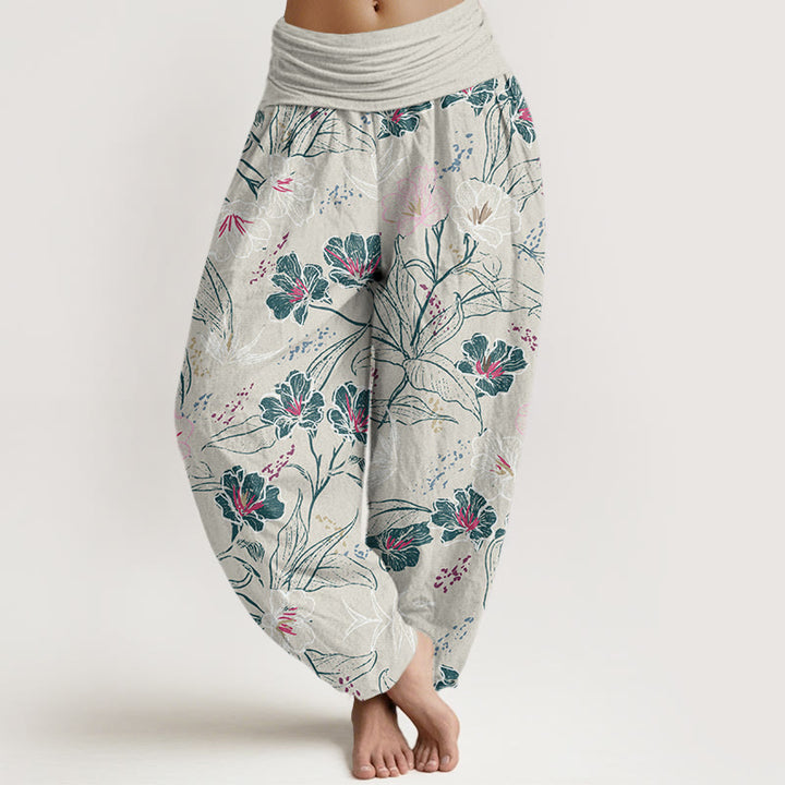 Pantalon sarouel décontracté à taille élastique pour femme, motif fleurs tropicales et feuillage, motif Buddha Stones - Fumée blanche - US22，UK/AU26，EU54 (6XL) - image 5