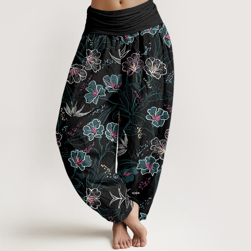 Pantalon sarouel décontracté à taille élastique pour femme, motif fleurs tropicales et feuillage, motif Buddha Stones - Noir - US22，UK/AU26，EU54 (6XL) - image 8