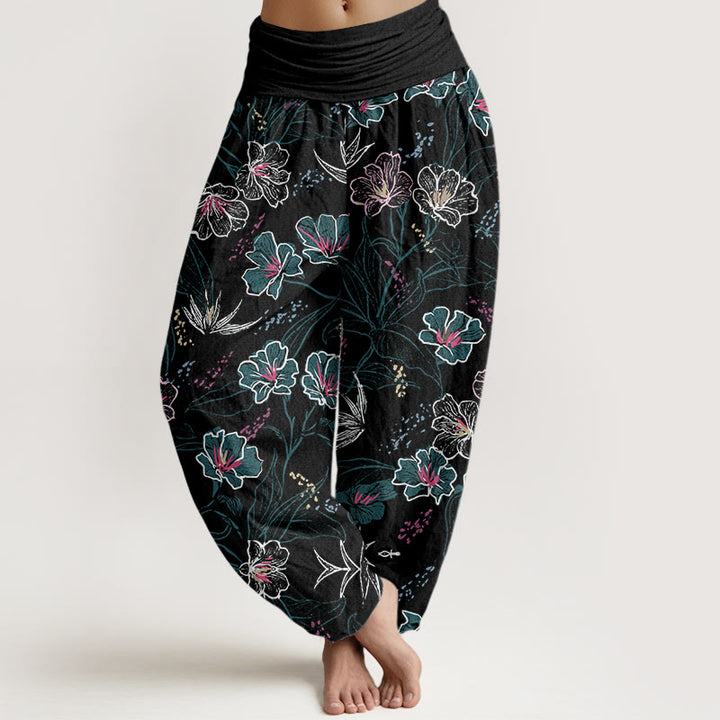 Pantalon sarouel décontracté à taille élastique pour femme, motif fleurs tropicales et feuillage, motif Buddha Stones - Noir - US22，UK/AU26，EU54 (6XL) - image 8