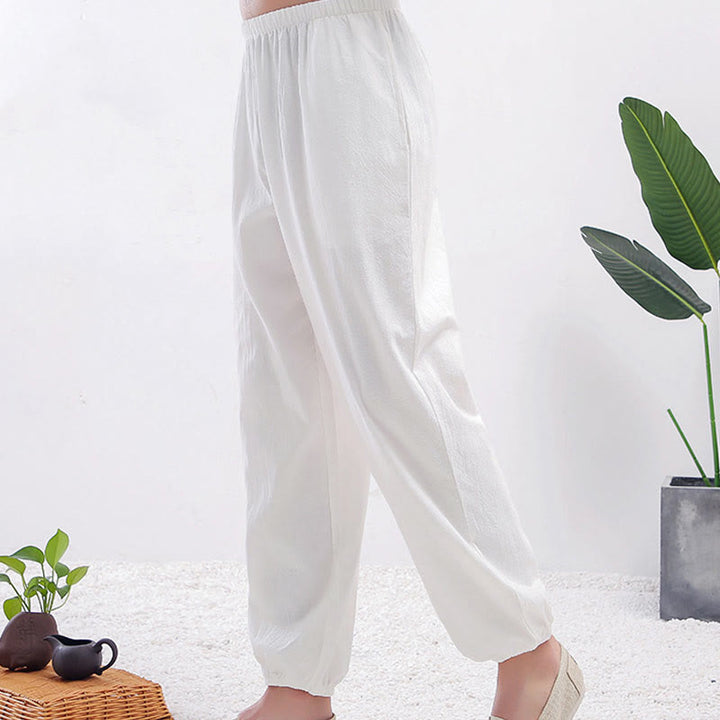 Pantalon d'été unisexe à taille élastique avec poches, motif Buddha Stones , couleur unie, pour la pratique du Tai Chi et du Qigong - Femme blanche - 3XL- Convient aux États-Unis, au Royaume-Uni, en Australie et en UE - 2XL - image 3