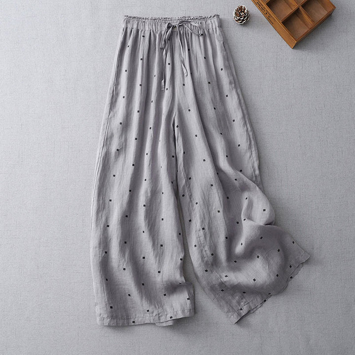 Pantalon large décontracté d'été en coton et lin avec poches pour femme, motif à pois, motif Buddha Stones