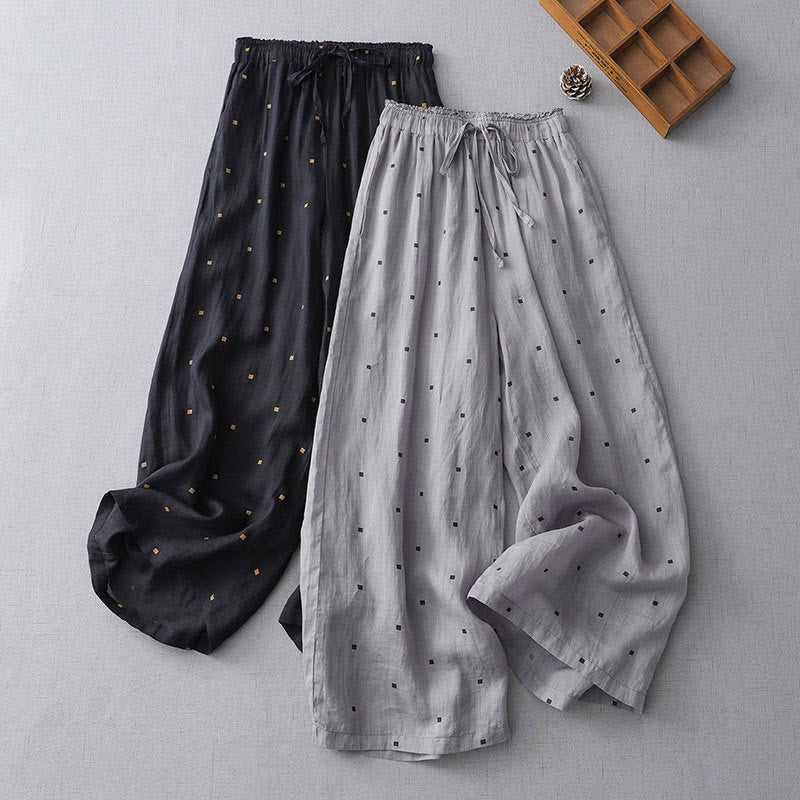 Pantalon large décontracté d'été en coton et lin avec poches pour femme, motif à pois, motif Buddha Stones