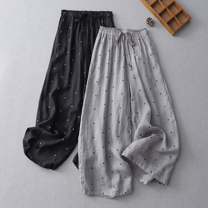 Pantalon large décontracté d'été en coton et lin avec poches pour femme, motif à pois, motif Buddha Stones