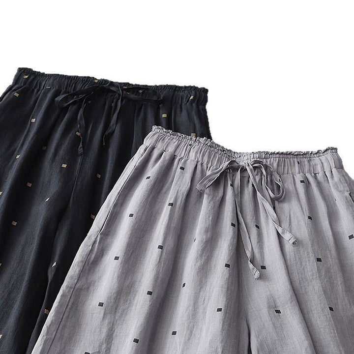 Pantalon large décontracté d'été en coton et lin avec poches pour femme, motif à pois, motif Buddha Stones