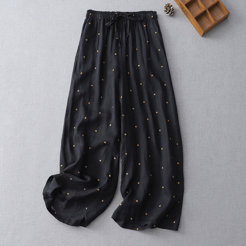 Pantalon large décontracté d'été en coton et lin avec poches pour femme, motif à pois, motif Buddha Stones