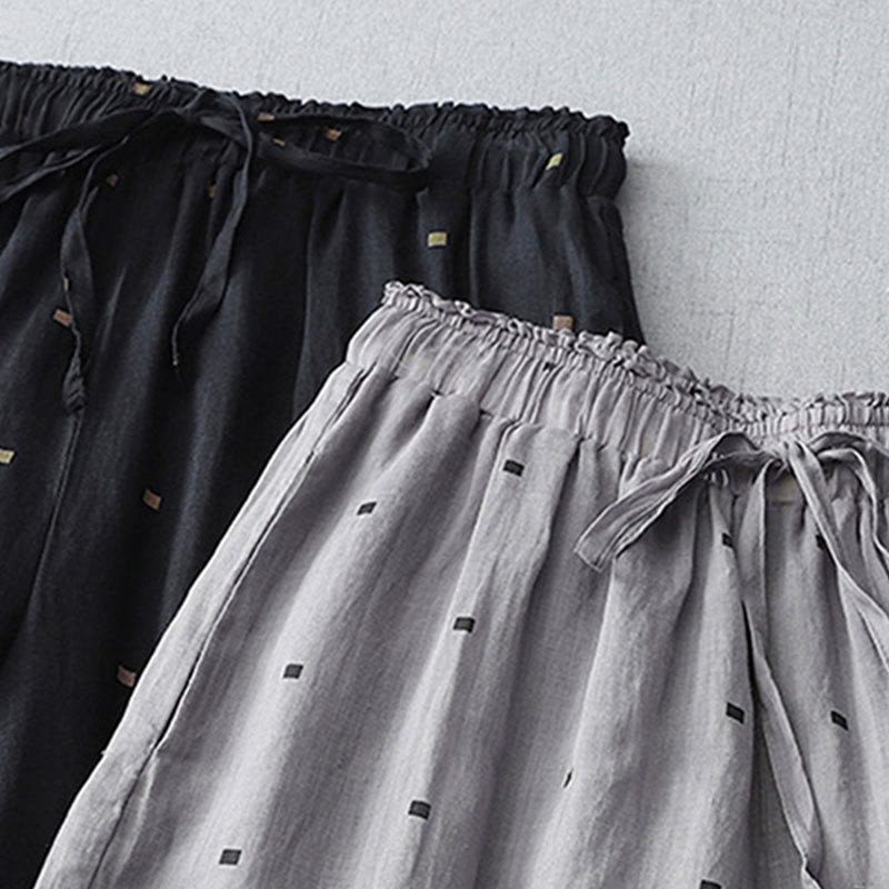 Pantalon large décontracté d'été en coton et lin avec poches pour femme, motif à pois, motif Buddha Stones