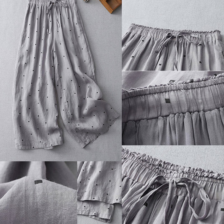 Pantalon large décontracté d'été en coton et lin avec poches pour femme, motif à pois, motif Buddha Stones