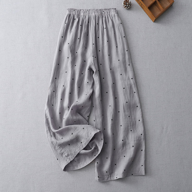 Pantalon large décontracté d'été en coton et lin avec poches pour femme, motif à pois, motif Buddha Stones