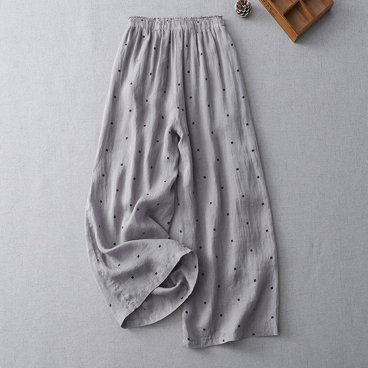 Pantalon large décontracté d'été en coton et lin avec poches pour femme, motif à pois, motif Buddha Stones
