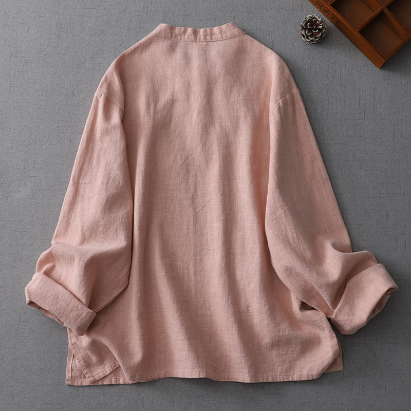 Chemise en coton et lin à manches longues pour femme, motif vintage chinois à boutons Buddha Stones , col montant, motif zen - image 1