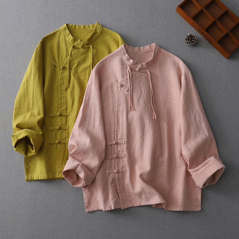 Chemise en coton et lin à manches longues pour femme, motif vintage chinois à boutons Buddha Stones , col montant, motif zen - image 7