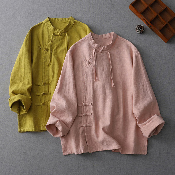 Chemise en coton et lin à manches longues pour femme, motif vintage chinois à boutons Buddha Stones , col montant, motif zen - image 7