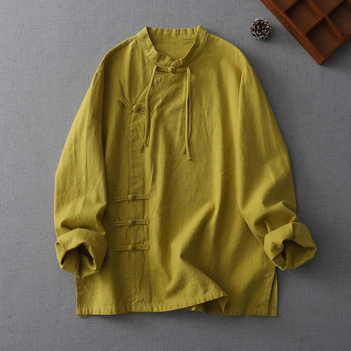 Chemise en coton et lin à manches longues pour femme, motif vintage chinois à boutons Buddha Stones , col montant, motif zen - JauneVert - US8-10，UK/AU12-14，EU40-42 (2XL) - image 6