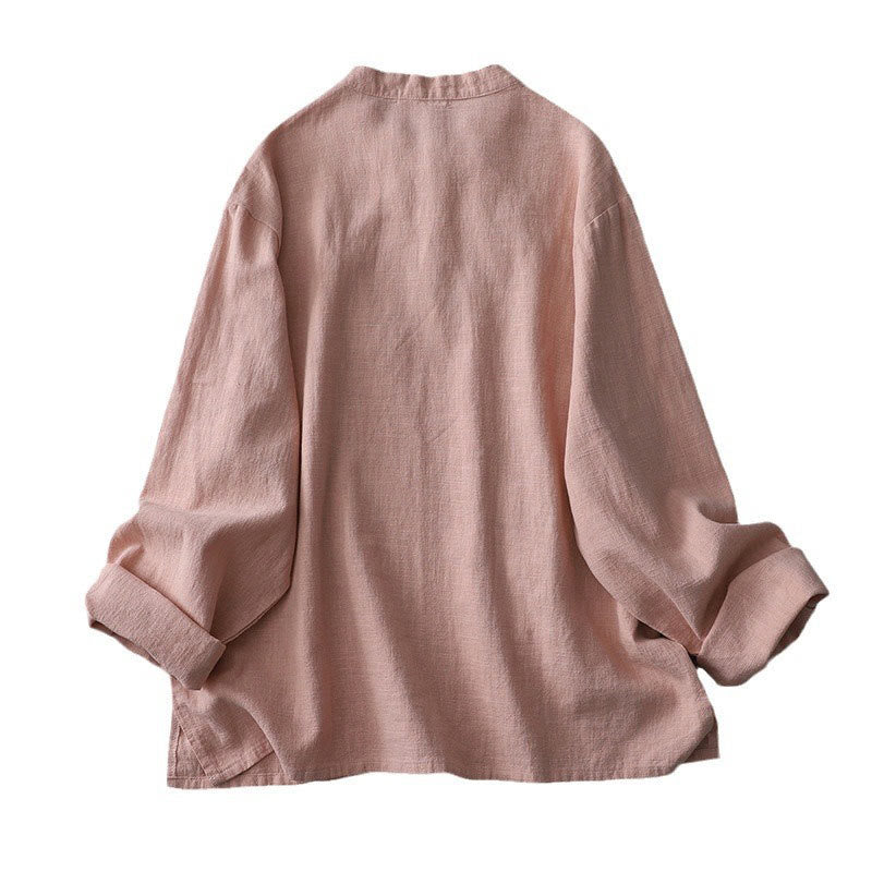 Chemise en coton et lin à manches longues pour femme, motif vintage chinois à boutons Buddha Stones , col montant, motif zen - image 5