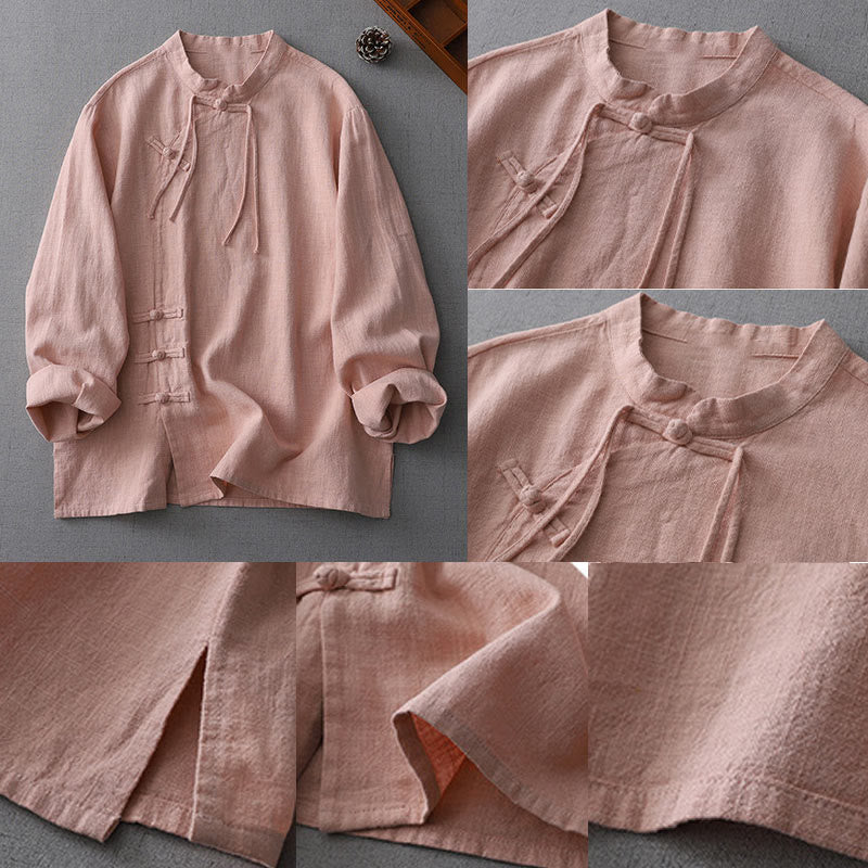 Chemise en coton et lin à manches longues pour femme, motif vintage chinois à boutons Buddha Stones , col montant, motif zen - image 4