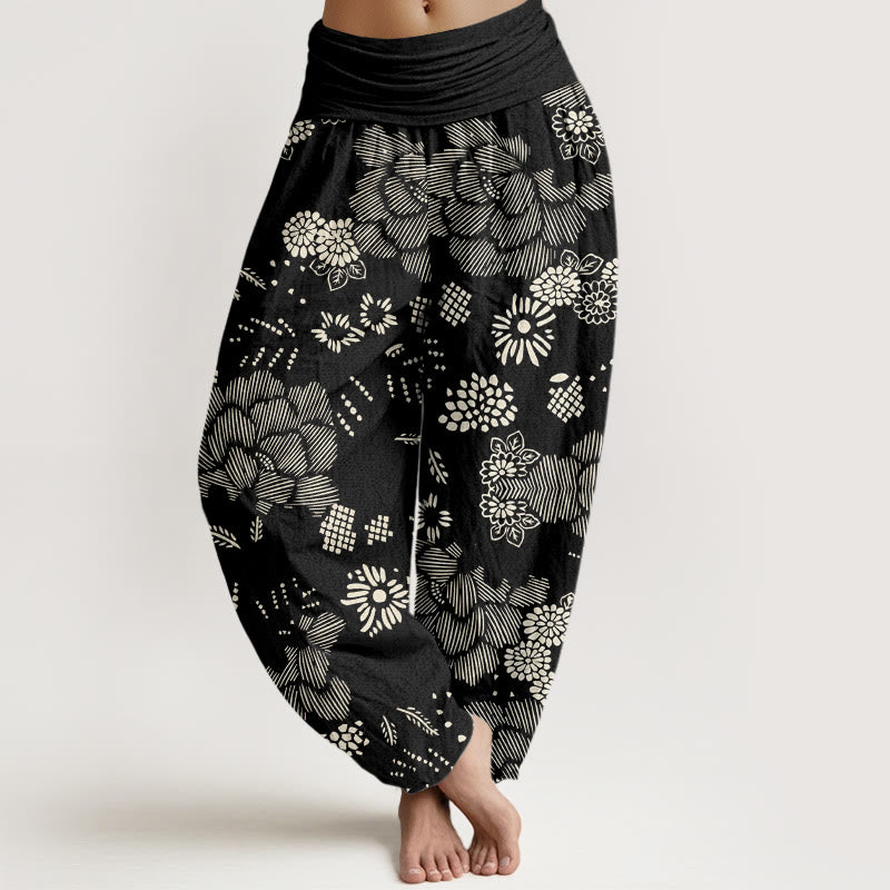 Pantalon sarouel décontracté à taille élastique pour femme avec motif floral et Buddha Stones - Noir - US22，UK/AU26，EU54 (6XL) - image 1
