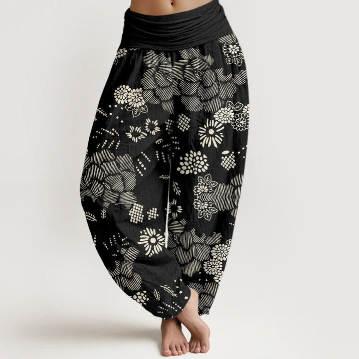 Pantalon sarouel décontracté à taille élastique pour femme avec motif floral et Buddha Stones - Noir - US22，UK/AU26，EU54 (6XL) - image 1