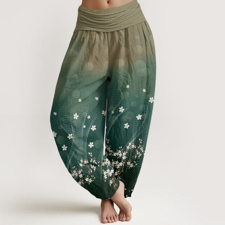 Pantalon Buddha Stones décontracté à taille élastique pour femme, motif floral dégradé, lignes ondulées, points lumineux circulaires - Cyan foncé - US22，UK/AU26，EU54 (6XL) - image 1